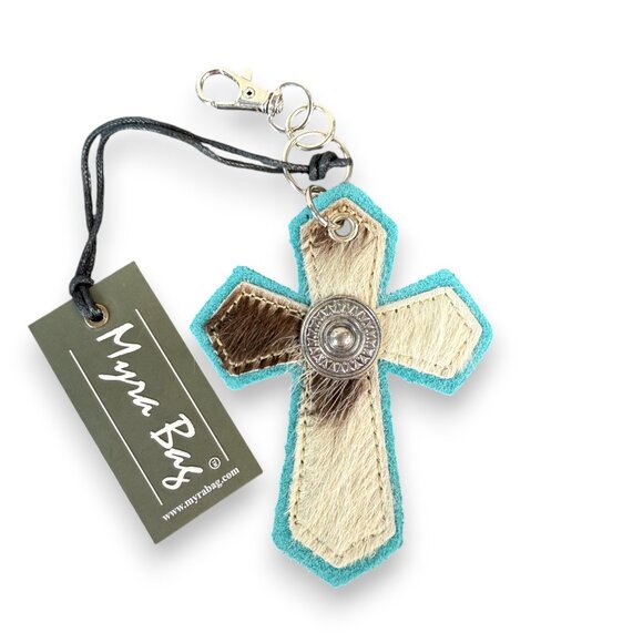 Myra Bag Accessories - Myra Bag Leather & Hair-On Medallion Cross Hide Key Fob In Turquoise - New